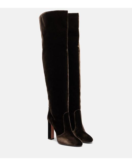 Aquazzura Black Joplin 105 Velvet Knee-High Boots
