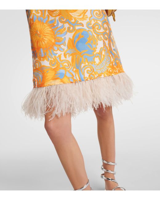 LaDoubleJ Yellow Printed Feather-trimmed Silk Minidress