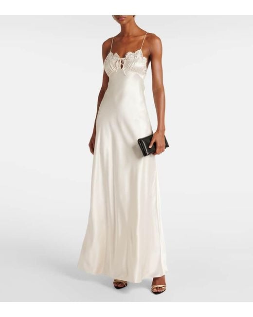 saint laurent lace trimmed silk maxi dress Lace-trimmed silk crpe muslin maxi dress in pink - Saint Laurent