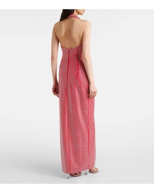 Area Red Crystal-Embellished Halterneck Gown