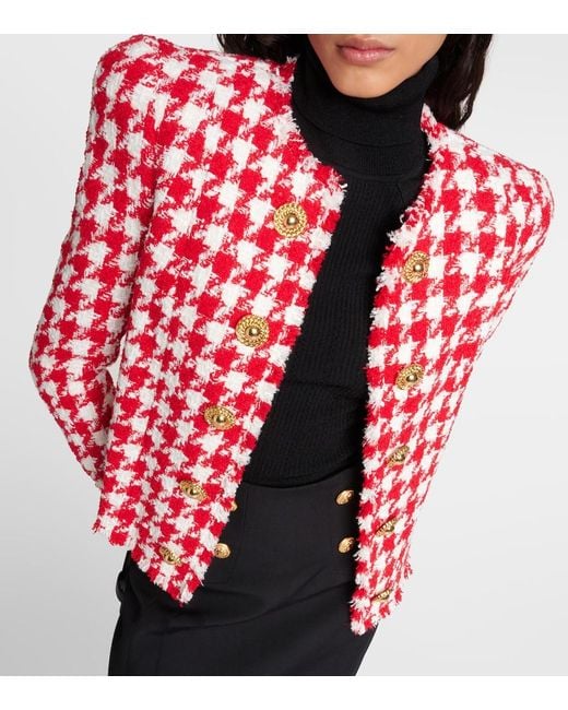 Balmain Red Houndstooth Tweed Jacket