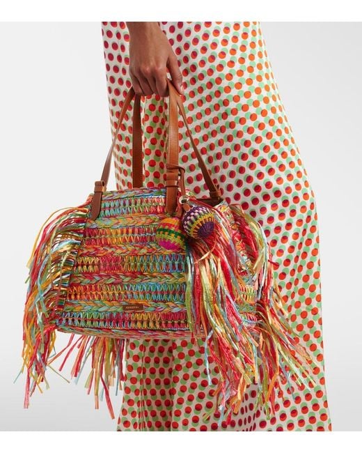 Aquazzura Red Trancoso Fringed Raffia Tote Bag