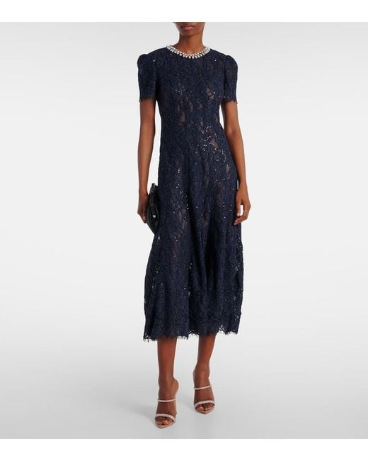 Self-Portrait Blue Embellished Lace Midi Dress