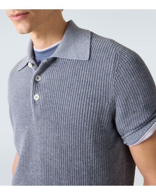 Brunello Cucinelli Blue Linen And Cotton Polo Shirt for men