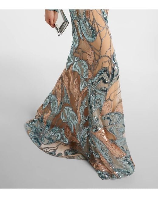 Elie Saab White Embroidered Silk-Blend Gown