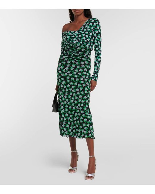 Diane von Furstenberg Green Leia midikleid aus jersey und stretch-mesh mit floralem print und asymmetrischer schulterpartie