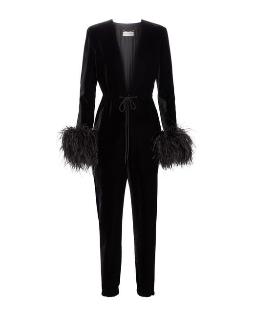 Saint Laurent Black Feather-trimmed Velvet Jumpsuit