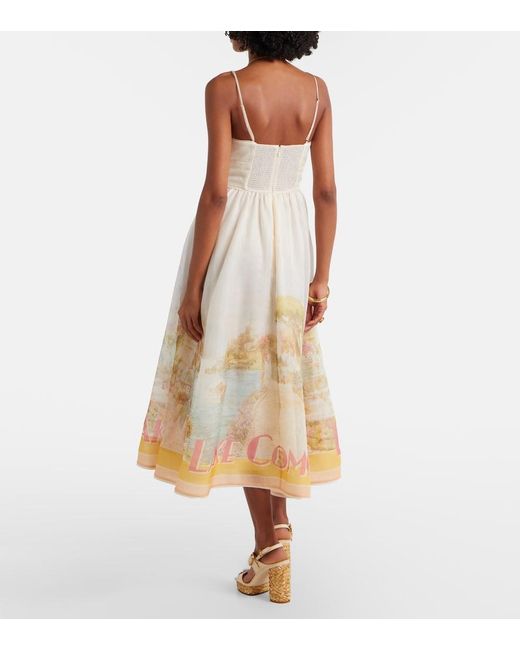 Zimmermann Natural Como Printed Linen And Silk Midi Dress