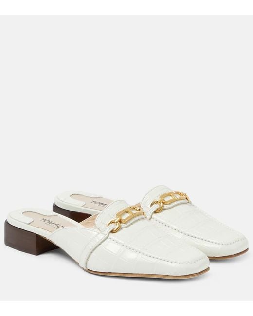 Tom Ford White Whitney Croc-effect Leather Mules