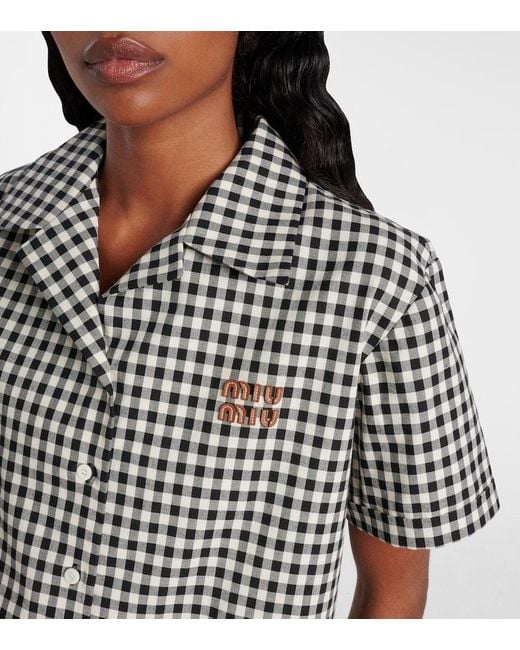 Camisa De Algodon A Cuadros Con Logo Miu Miu de color Black