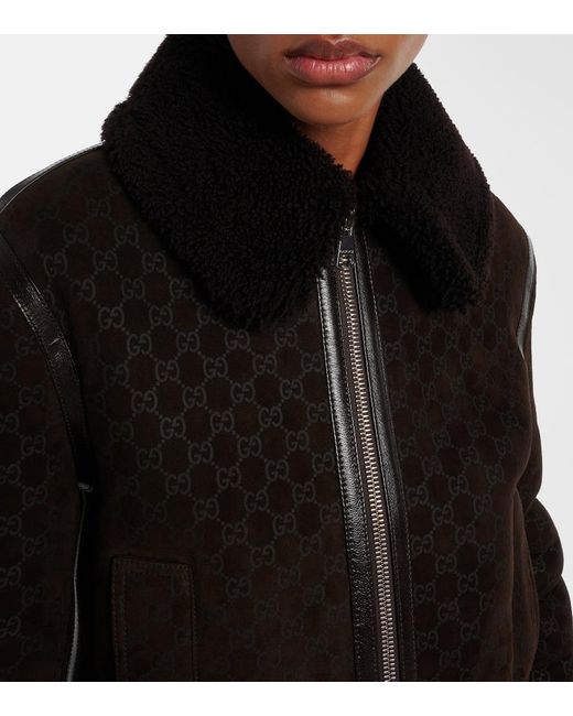 Gucci Black Gg Shearling-Trimmed Leather Jacket