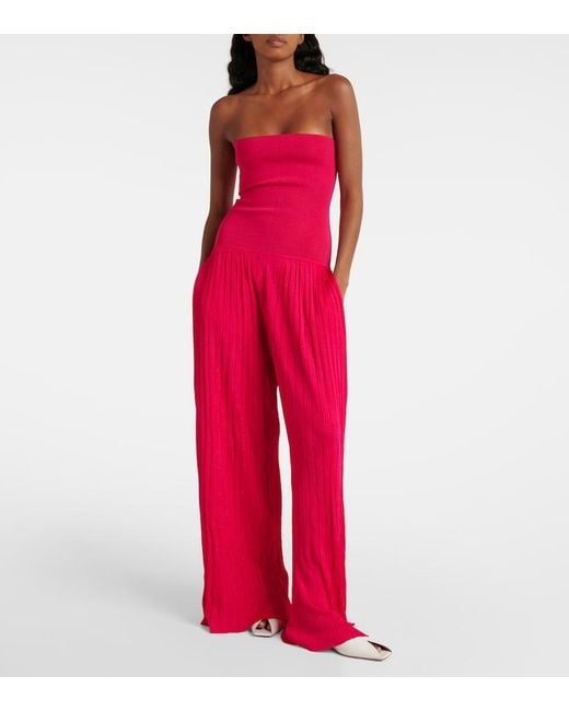 Alaïa Red Strapless Pleated Knitted Jumpsuit