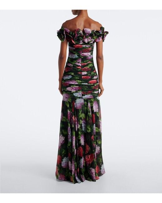 Carolina Herrera Black Floral-Applique Floral Draped Silk Gown