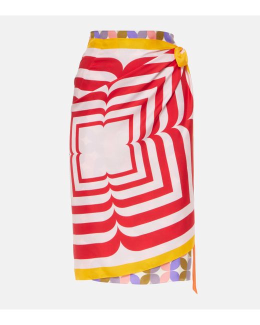 Dries Van Noten Red Printed Silk Wrap Skirt