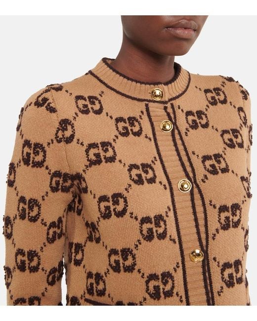 Gucci Brown Cardigan Aus Wollbouclé Mit Gg Jacquard, Grösse