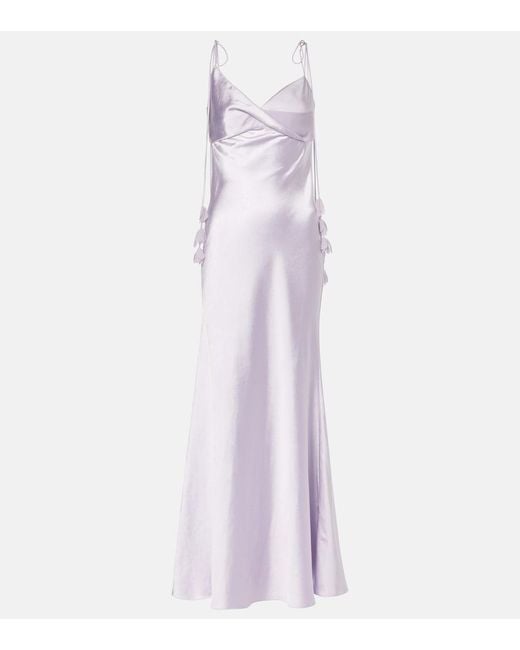 Self-Portrait White Floral-Applique Satin Maxi Dress