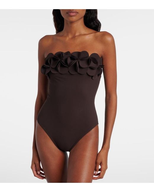 Karla Colletto Brown Tess Floral-Applique Swimsuit