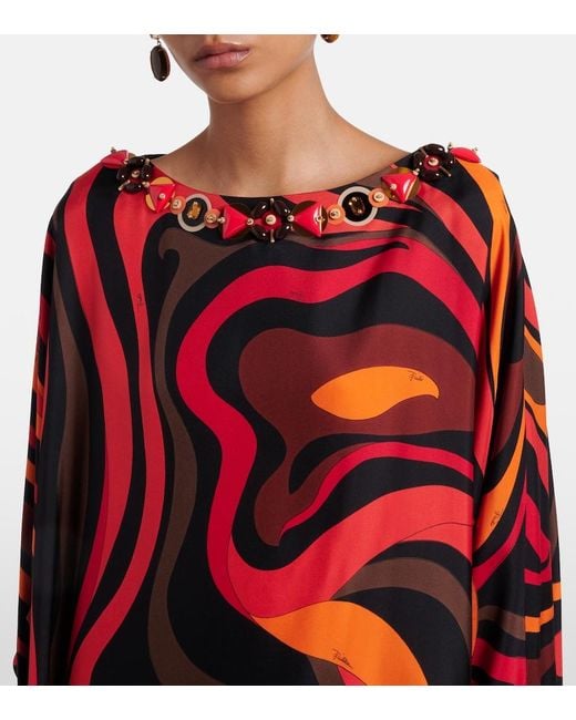 Emilio Pucci Red Verzierter Kaftan Marmo Aus Seiden-Twill