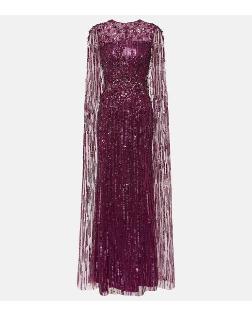 Jenny Packham Purple Ruby Caped Sequined Gown