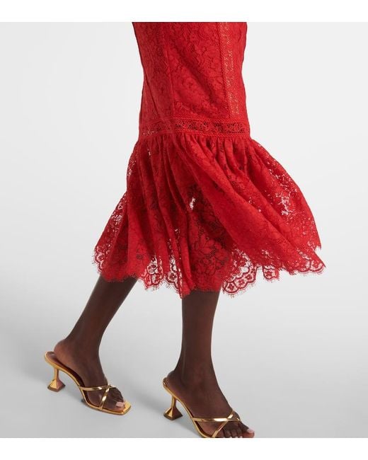 Self-Portrait Red Floral Cotton-Blend Lace Midi Dress