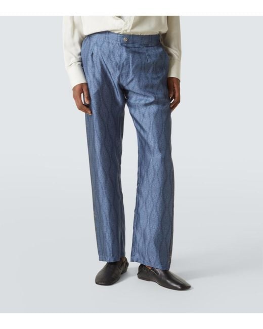 Etro Blue Slim-Fit Straight-Leg Printed Silk-Twill Trousers for men