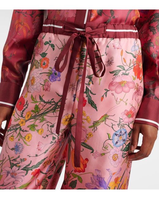 Gucci Red Floral Silk Wide-Leg Pants