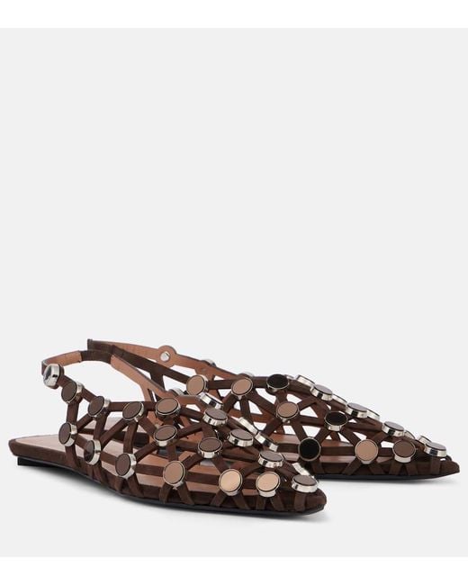 The Attico Brown Grid Embellished Suede Slingback Flats