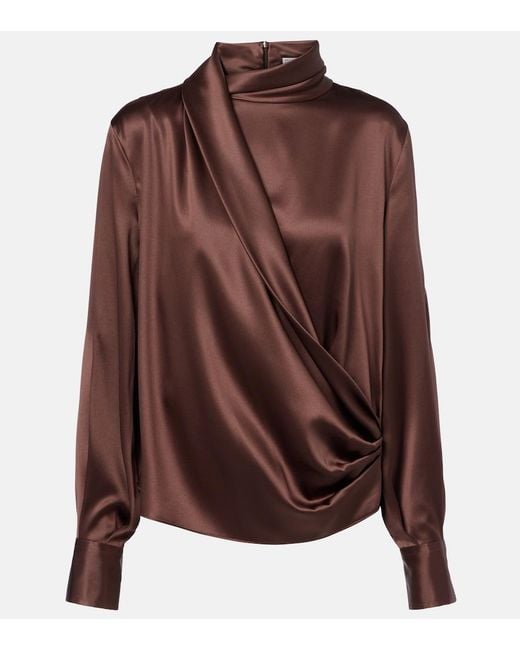 Brunello Cucinelli Brown Draped Silk-Blend Satin Blouse