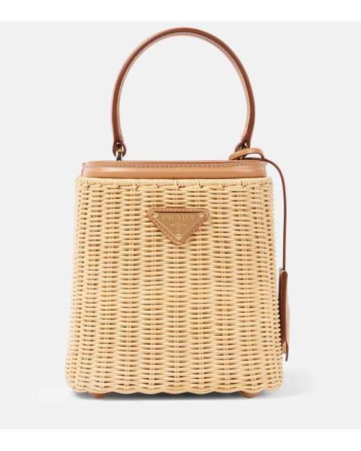 Prada Natural Small Woven Leather-trimmed Bucket Bag