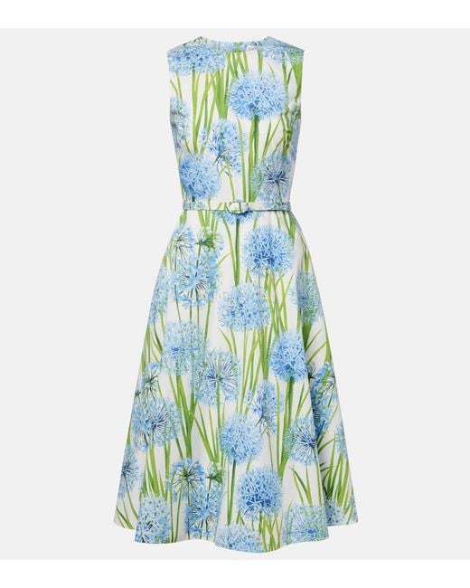 Oscar de la Renta Blue Floral Cotton-Blend Poplin Midi Dress