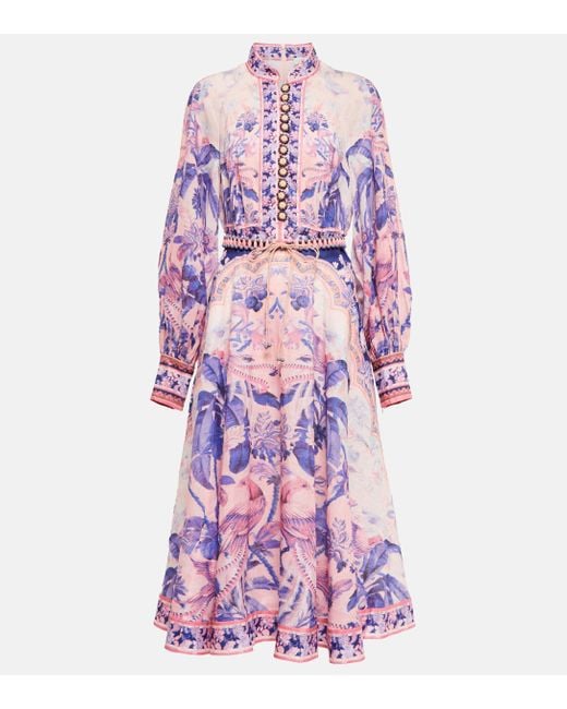 Zimmermann Purple Lyre Printed Linen Midi Dress