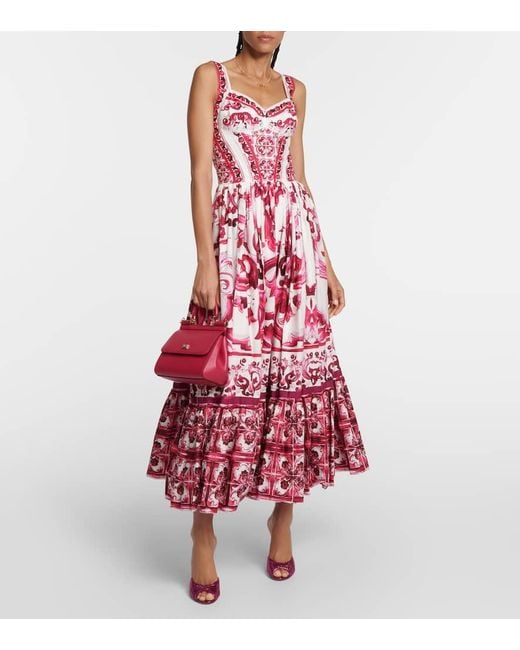 Dolce & Gabbana Pink Longuette-Bustierkleid Aus Popeline Majolika-Print