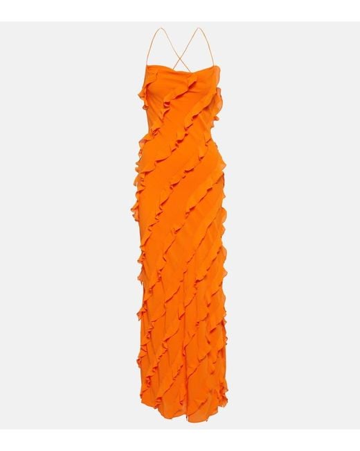 Vestido largo de crepe con volantes Staud de color Orange