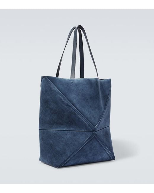 Loewe Blue Puzzle Fold Large Suede Tote Bag for men