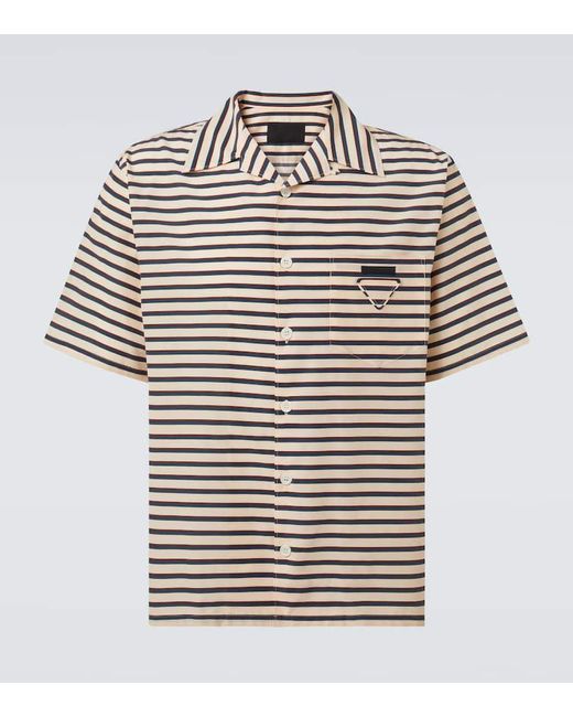Prada Men's White Striped Cotton Bowling Shirt