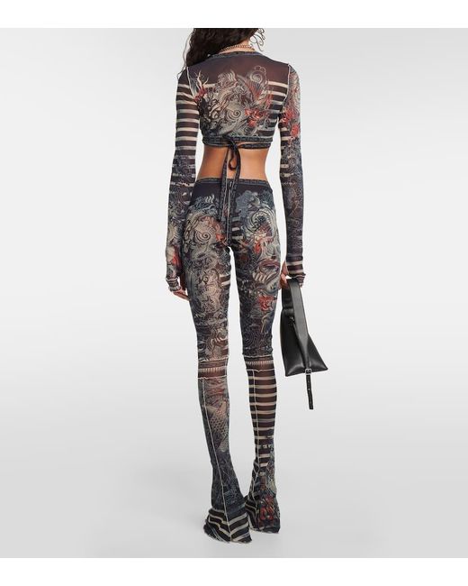 Top cropped Tattoo Collection in mesh di Jean Paul Gaultier in Gray