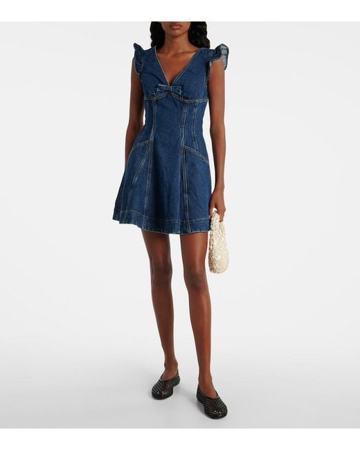 Self-Portrait Blue Bow-Detail Ruffled Denim Minidress
