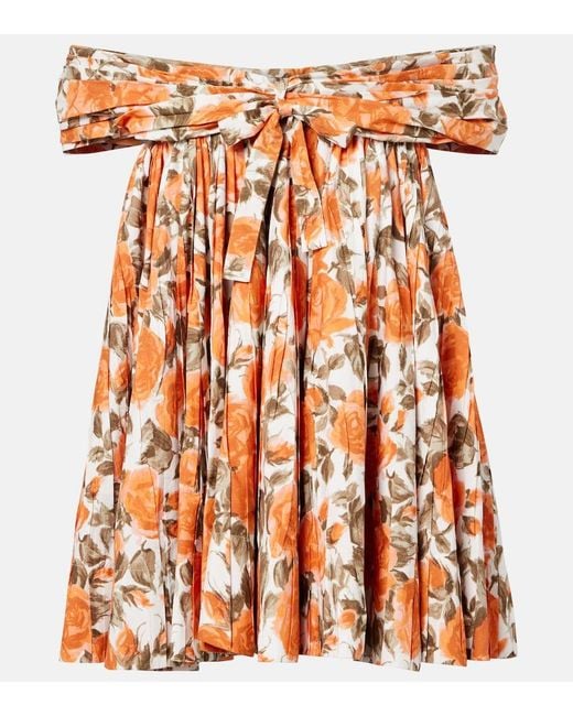 Chloé Orange Floral Pleated Cotton Poplin Minidress