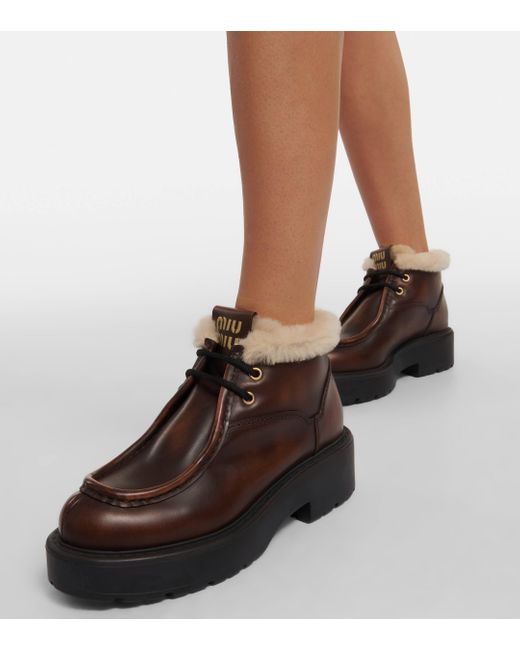 Miu Miu Brown Shearling-trimmed Leather Ankle Boots