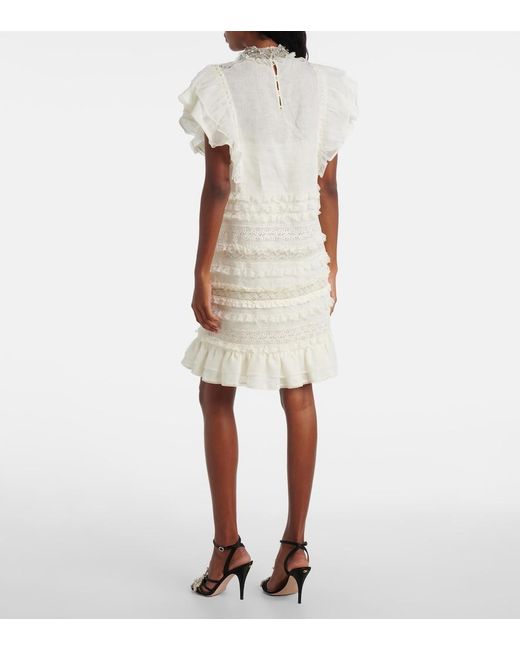 Valentino White Ruffled Lace And Linen Minidress