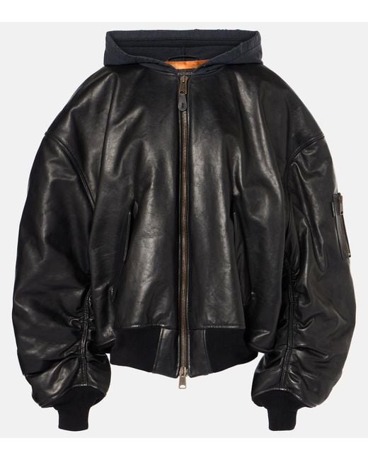 Balenciaga Black Oversized Leather Bomber Jacket