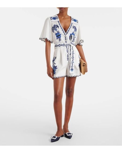Farm Rio Blue Embroidered Linen-Blend Romper