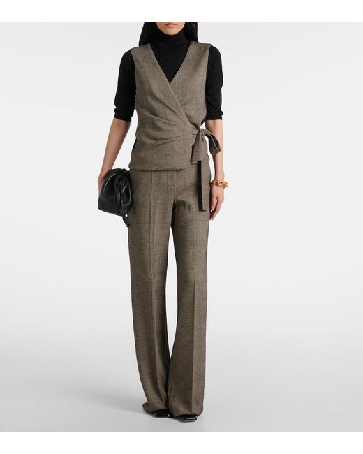 Max Mara Gray Cognac Houndstooth Wool-Blend Straight Pants