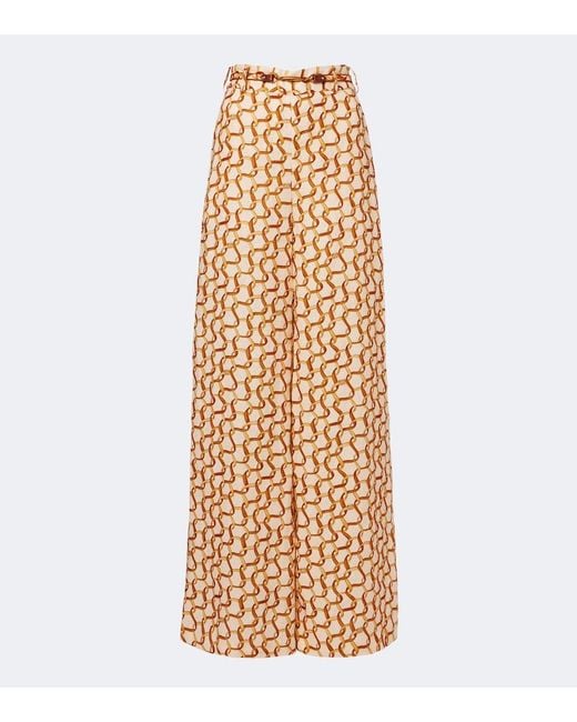 Zimmermann Metallic Belted Printed Linen Wide-Leg Pants