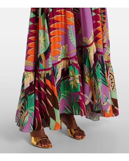 Camilla White Gathered Printed Silk Cutout Maxi Dress