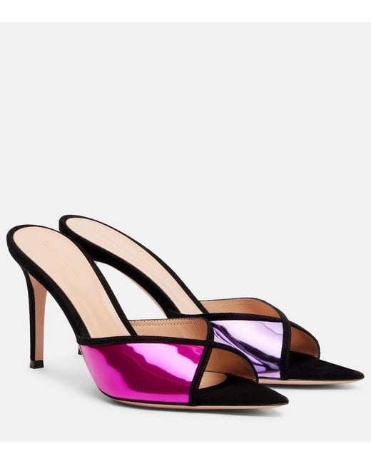 Gianvito Rossi Pink Confetti Suede-Trimmed Metallic Leather Mules