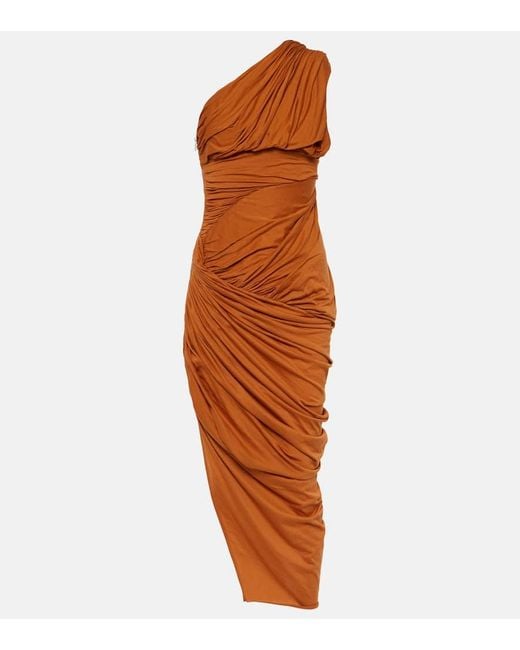 Rick Owens Orange Draped Cotton Jersey Midi Dress