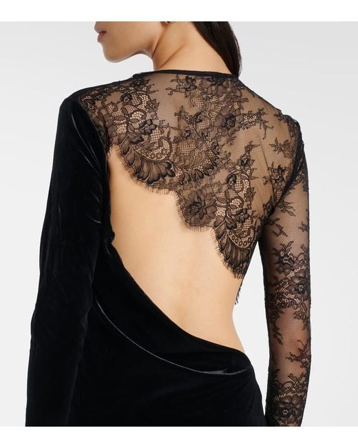 Robe Longue En Velours À Finitions En Dentelle Self-Portrait en coloris Black