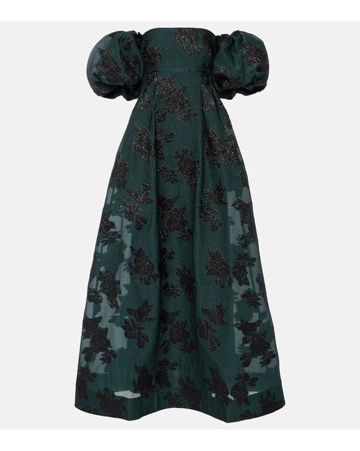 Rebecca Vallance Green Beryl Off-Shoulder Lame Gown