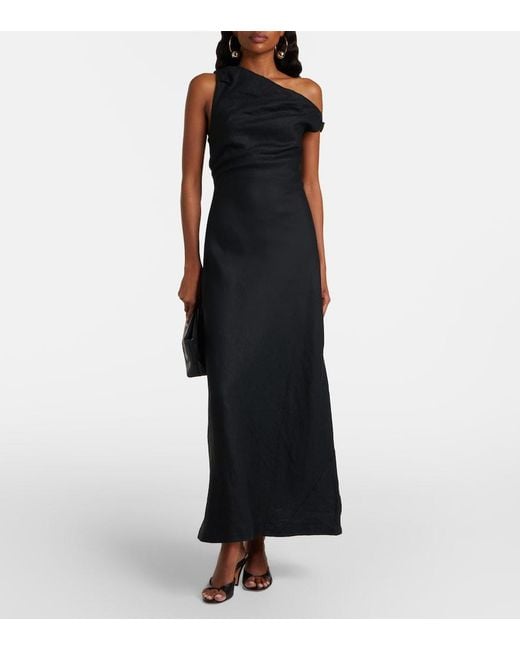 Faithfull The Brand Black Sius Asymmetric Linen Midi Dress